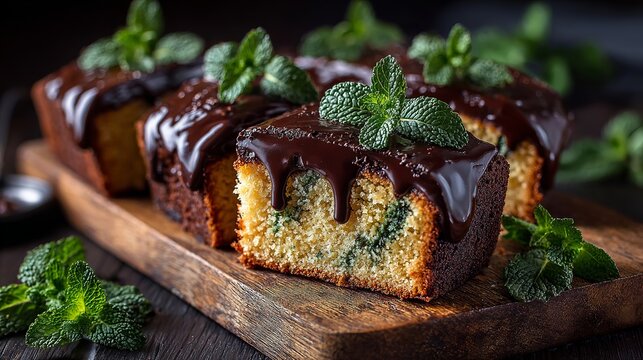 Delicious chocolate cake with fresh mint on wooden board perfect for cafe menus, food blogs, and dessert promotions