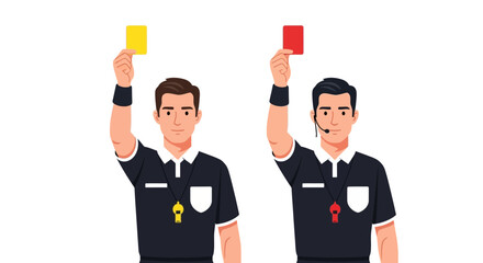 Vector illustration of soccer referees showing red and yellow cards. Football official characters holding penalty cards for a foul