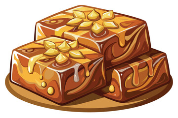 Delicious looking cartoon caramelized cube dessert squares rest upon a wooden serving plate