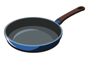 Empty skillet with blue sides and a brown handle rests on a white backdrop