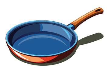 An empty blue and orange skillet rests diagonally with a wooden handle against white