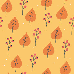 Seamless Autumn Pattern Featuring Orange Leaves and Red Berries on Yellow Background with Subtle White Speckles and Transparent Overlay Ideal for Seasonal Decor and Design Elements