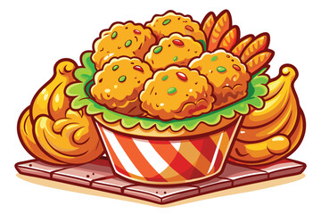 Cartoon illustration depicts golden fried food in a red striped bucket on a tabletop