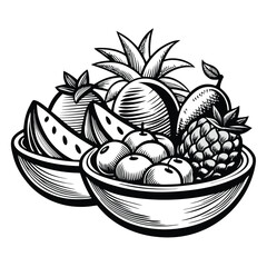 Two bowls filled with fresh pineapple, oranges, berries, watermelon, and other fruits are seen