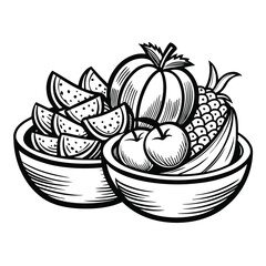Two bowls overflow with black and white watermelons, pineapple, apples, banana, and pumpkin