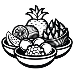 Black and white sketch reveals pineapple, orange, and grapes in decorated bowls