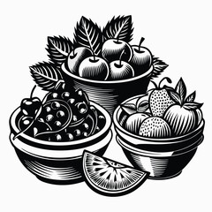 Three bowls with various apples, berries and strawberries along with kiwi slice are shown
