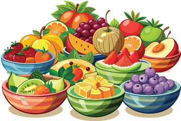 Assorted cartoon fruits are displayed inside the bowls, creating a vibrant and inviting fruity composition