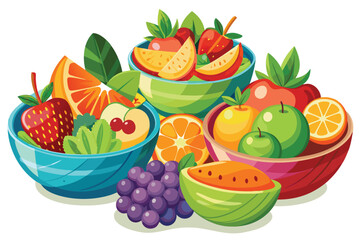 Vibrant fruit bowls filled with colorful strawberries, oranges, apples, and grapes create a healthy scene