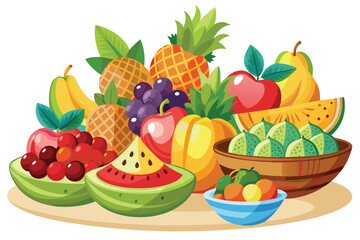 Various fresh tropical fruits arranged beautifully within bowls and on the table surface