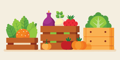 Colorful produce fills wooden crates, displaying fresh harvest goods on a cream background