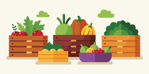 Several wooden crates and a bowl overflowing with fresh vegetables are displayed neatly