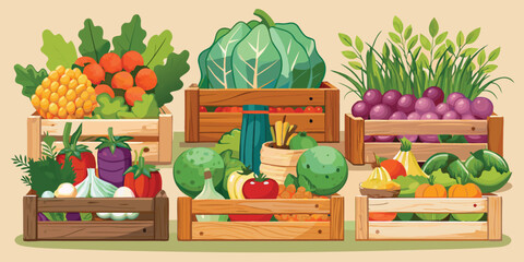 Fresh harvest showcases colorful produce overflowing from rustic wooden crates, displayed beautifully for buyers