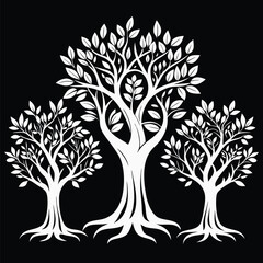 White stylized trees with leaves and roots stand against a stark black background perfectly