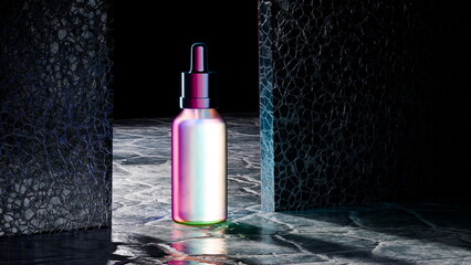 shiny bottle with vibrant colors sits between two textured walls. dark background enhances the bottles brightness, creating a striking visual effect. 3d render