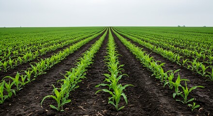 Rows of Young Green Crop Plants Growing in Field