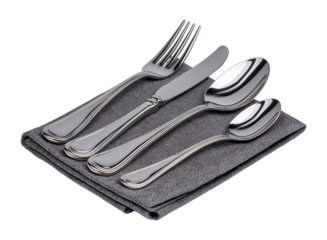 Elegant Silver Cutlery Set on Grey Napkin for Sophisticated Dining isolated on a transparent background