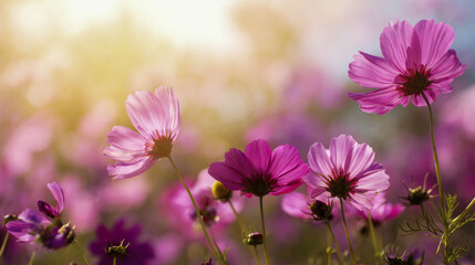 Vibrant pink flowers blooming in a sunlit field with soft bokeh background and natural beauty
