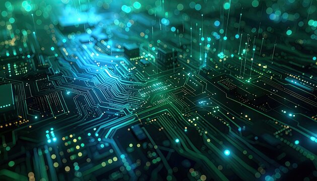 Abstract Digital Circuit Board with Glowing Blue and Green Lights Representing Technology and Data Flow in a Futuristic Network