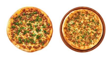 Delicious lahmacun flatbread with savory mince and fresh parsley, perfect for food blogs, culinary websites, and restaurant menus, a PNG set with transparent background