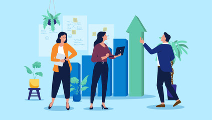 Successful business team of people analyses a rising bar chart with a large upward arrow, symbolising market growth and financial success in a flat design vector illustration