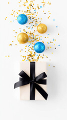 Gift box with black ribbon and colorful decorations on a white background for festive occasions