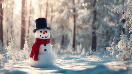 Snowman wearing a black hat and red scarf stands in a snowy forest during winter sunlight