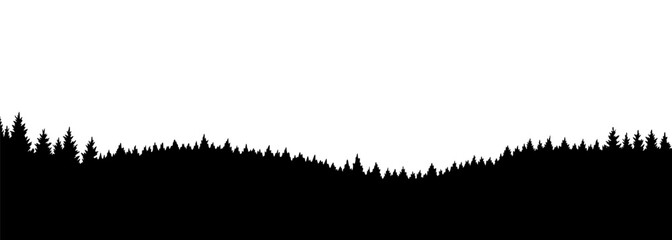 Mountains silhouettes landscape background. Rocky panorama with mountains skyline and pine tree forest. Scenery with slopes, vector cartoon illustration © the8monkey