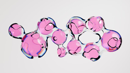 Bright pink bubbles in various sizes drift across a light background, showcasing a blend of transparency and color. playful arrangement creates a lively and whimsical atmosphere. 3d render © angel_nt