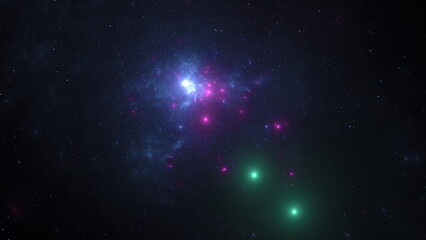 Bright clusters of stars and vibrant nebulae illuminate the dark expanse of space. Colored lights...