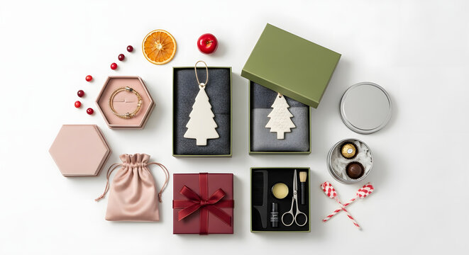 Christmas holiday luxury gift boxes with wooden tree ornaments jewelry chocolates and festive accessories flatlay








