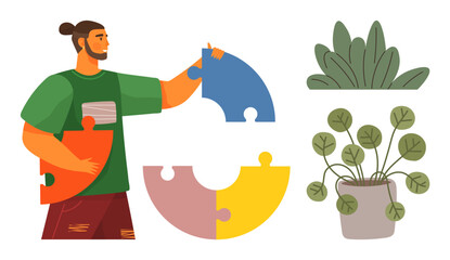 Man holding vibrant puzzle pieces while completing a circular design. Potted plants add balance. Ideal for teamwork, problem-solving, creativity, strategy, focus, collaboration and simplicity. A
