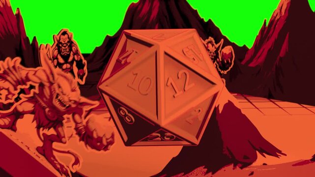 A DnD style intro with a stylized game board. A d20 die is rolled onto the ominous valley in front of the volcano, and the number 1 appears. Isolated on a single-color background.