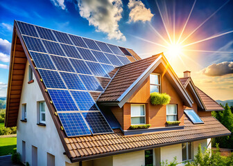 Fototapeta premium Modern house with solar panels on the roof, generating clean energy from the sun