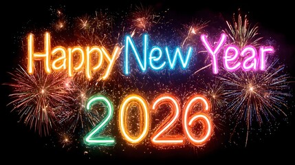 Vibrant neon glowing &ldquo;Happy New Year 2026&rdquo; text in rainbow colors with fireworks and confetti on dark festive background