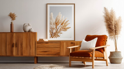 Modern interior design featuring cozy armchair, wooden furniture, and decorative plants in serene setting