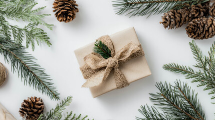 Gift box wrapped in natural paper with twine and pine branches on a white background