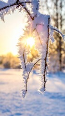 frozen twigs in hoarfrost glisten in the sun. winter landscape with sun flare