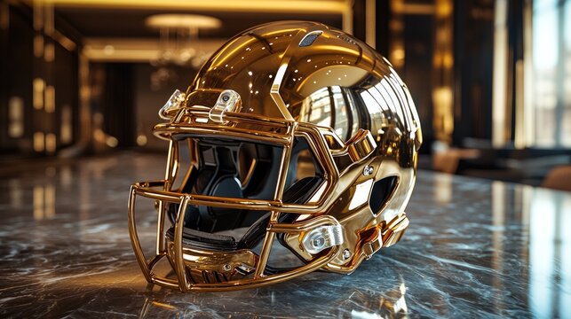 Golden American Football Helmet on Marble Surface.