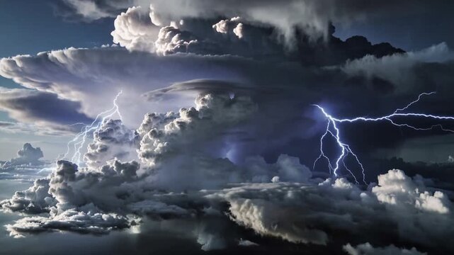 Storm clouds with lightning flashes over dark sky
