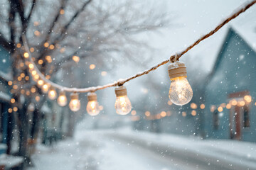Festive string lights glowing outdoors during a winter snowstorm. Close-up of a holiday light bulb in the snow. Christmas and New Year decoration.