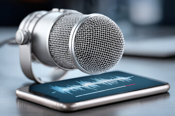 Professional studio microphone recording audio with a smartphone. Sound waveform on a mobile phone screen. Podcasting and broadcasting technology concept.