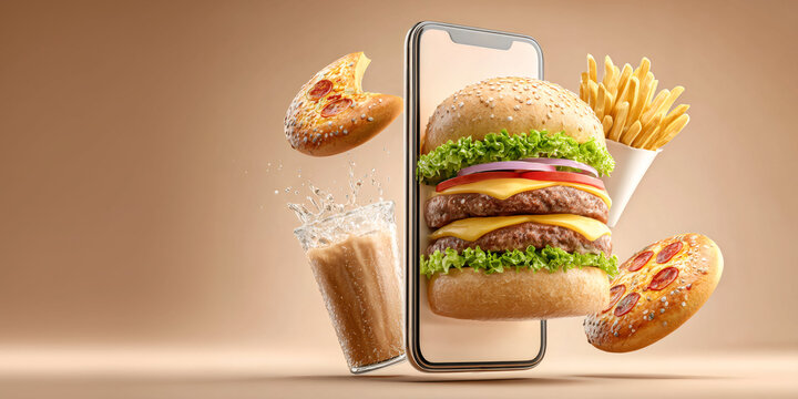 Fast food meal with a burger and pizza emerging from a smartphone. Online food ordering and delivery app concept. Mobile restaurant menu with copy space.