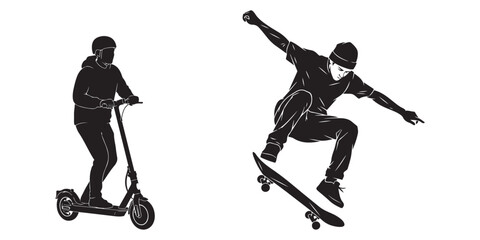 Fototapeta premium Silhouettes of Scooter Rider and Skateboarder Performing Trick on White Background Keywords: scooter, skateboard, skateboarder