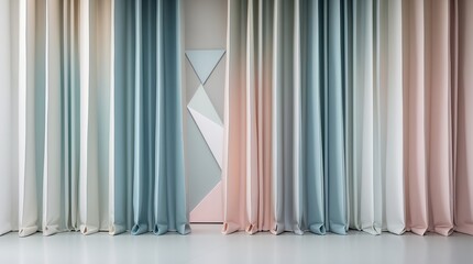 Gradient Curtains from Blue to Pastels in Geometric Interior (AI-generated)