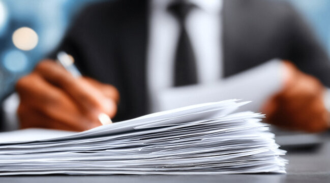 Professional businessman diligently reviewing important documents and taking notes in modern office setting - Powered by Adobe