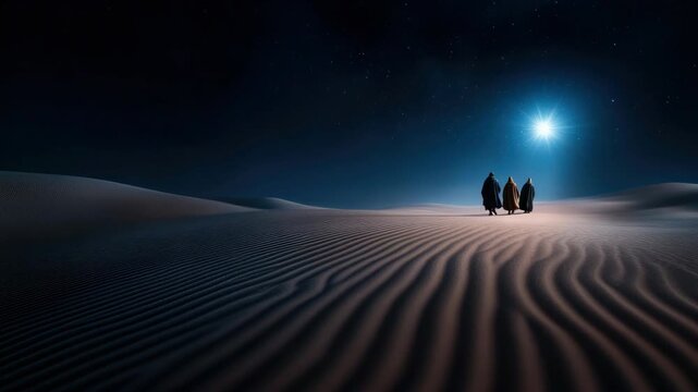 Three Wise Men walking through desert under starry night sky, following the bright Star of Bethlehem, symbolizing spiritual journey, faith, guidance, and Christmas nativity tradition