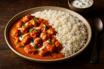 Creamy chicken curry with rice and yogurt sauce on wooden table
