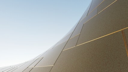 3d illustration of abstract titanium architecture background, Minimal curved geometry architectural, Steel panel architectural design,Geometric metal building