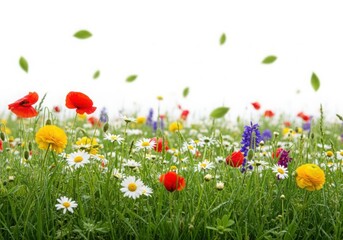 Colorful wildflowers blowing in wind isolated on transparent background isolated on transparent background